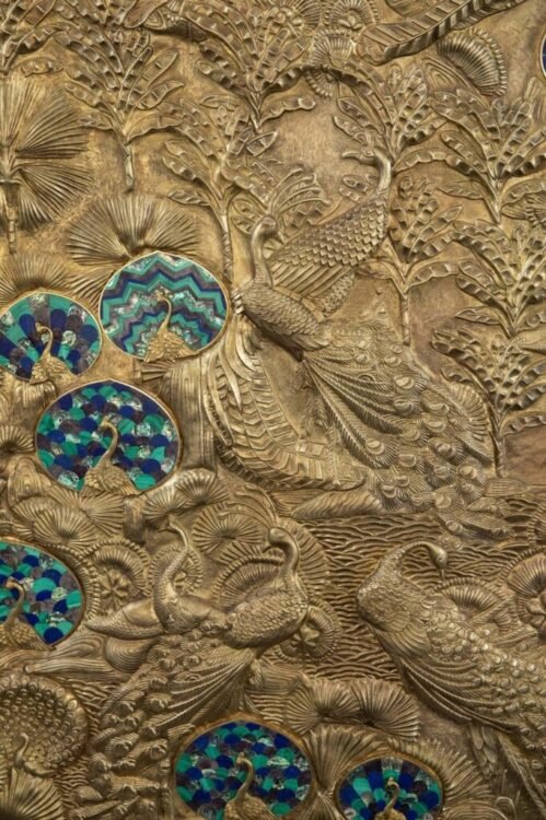 Full panel and detail Monsoon Pichvai by Vikram Goyal, handcrafted brass repoussé inlaid with malachite, lapis lazuli, amethyst, and abalone 2 Full panel and detail: "Monsoon Pichvai" by Vikram Goyal, handcrafted brass repoussé inlaid with malachite, lapis lazuli, amethyst, and abalone