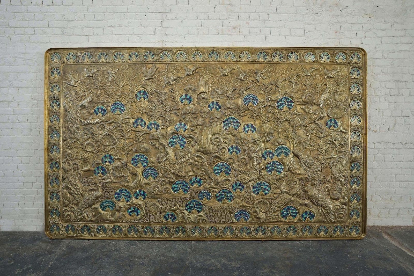 Full panel and detail Monsoon Pichvai by Vikram Goyal, handcrafted brass repoussé inlaid with malachite, lapis lazuli, amethyst, and abalone Full panel and detail Monsoon Pichvai by Vikram Goyal, handcrafted brass repoussé inlaid with malachite, lapis lazuli, amethyst, and abalone